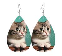 A Curious Cat Pendientes de piel con forma de lágrima para mujer, gancho chapado en plata 925, accesorios de vacaciones