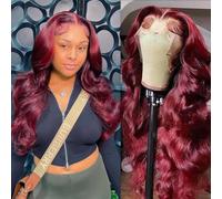 A FUTURE TONGMEI Peluca de cabello humano ondulado de color borgoña 99J con encaje frontal transparente HD de 13 x 4 pulgadas, prerasgada, con abuelitos, color rojo vino, ondulado, cuerpo hu