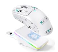 A.JAZZ AJ200P Ratón Gaming Inalámbrico con IA Prompt y Base de Carga RGB | BT/2,4G/Cable, Ligero Ratón con Entrada de Voz IA, Sensor PAW3311, 24K DPI, 1000Hz para Oficina/Juego - Cinta Grip / Blanco
