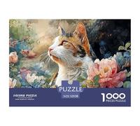 A Kitty Portrait Surrounded by Flowears 1000 Stück Premium-Karton Puzzle Glowing Cat Stressabbau Kreatives Spiel Puzzles Als Wohnaccessoires 52x38cm/1000pcs