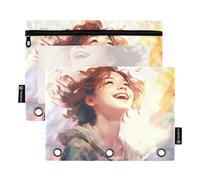 A Laugh Girl - Estuche para lápices para carpeta de 3 anillas, bolsa para lápices con cremallera con ventana transparente para oficina, paquete de 2, multicolor, one sizex2, Estuche para lápices