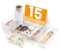 A-LuGei 15pcs Drawer Organizer, Clear Makeup organizer, Bathroom Organizers and Storage, Plastic Desk Organizer Divider, Bins for Office Vanity