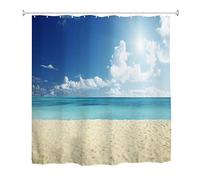 A.Monamour Cortina de Ducha Antimoho Impermeable Lavable Tela Tropical Océano Arena Blanca Playa Cielo Azul Nubes Blancas Poliéster Cortinas de Baño con Ganchos 180x200cm