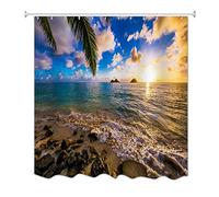 A.Monamour Cortinas de Ducha Playa De Arena Amanecer En Hawaii Palmera Tropical Vacaciones Naturaleza Paisaje Tela De Poliéster Resistente Al Moho Cortina De Baño para Decoraciones De Baño 180x200 cm