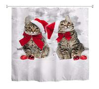 A.Monamour Dos Parejas De Gatos En El Sombrero Rojo De Papá Noel Temas De Animales Decoraciones Navideñas Navideñas Tela Cortina De Baño Cortina De Ducha con Ganchos Anillos 180X200 Cm / 72 "X78