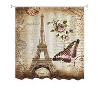 A.Monamour Marrón Moteado Fondos Florales Mariposa París Torre Eiffel Torre Postal con Sello Impresión Impermeable Moho Tela Poliéster Resistente Ducha Cortina para Cuarto De Baño 180x200 cm