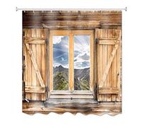 A.Monamour Paisaje De Montañas De La Naturaleza Paisaje Ventana De De La Ventana De Madera Marrón Tejido De Poliéster Máquina Lavable Cortina De Baño Lavable para Accesorios De Baño 150x180 cm