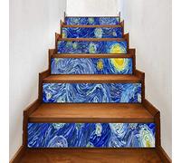 A.Monamour Pegatinas de Escalera Autoadhesivos 3D Pintura Al Óleo De La Luna Cielo Estrellado En Estilo Van Gogh Vinilo Impermeable Pegatinas de Pared Adhesivos Etiquetas Pegatinas de Baldosas 6 PCs