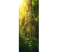 A.Monamour Pegatinas Decorativas de Puerta Autoadhesivo 3D Casa del Árbol De Fantasía En El Bosque Verde Profundo Encantado Vinilo para Puertas Mural PVC Pegatinas de Pared Foto Poster 77 x 200 cm