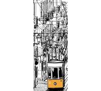 A.Monamour Pegatinas Decorativas de Puerta Autoadhesivo 3D Pen Sketch Tranvía Tranvía Típico En Portugal Lisboa Plaza Chiado Vinilo para Puertas Mural PVC Pegatinas de Pared Foto Poster 77 x 200 cm