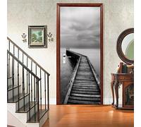 A.Monamour Pegatinas Decorativas de Puerta Autoadhesivo 3D Un Puente De Madera Sobre El Océano En Blanco Y Negro Vinilo para Puertas Mural PVC Pegatinas de Pared Foto Poster 85 x 200 cm