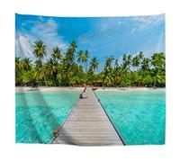 A.Monamour Tapices Isla Tropical Maldivas Palmera Cielo Azul Puente De Madera En El Océano Mar Playa Playa Naturaleza Paisaje De Tela De Poliéster Tapiz De Pared Cortinas De Pared Cortinas 180x230cm