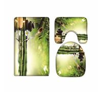 A.Monamour Yoga Zen Idea De Meditación Agua De Bambú Verde Paisaje Natural Impresión Ecológica Franela Conjunto De Alfombra De Baño Alfombrilla De Baño Contour Lid Tapa De WC Alfombra Mat
