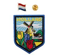 A-ONE Holanda Flag Country Flag Lapel + Países Bajos de la ciudad con molino de viento y parche de tulipán, parche vintage, parche de respaldo sellado por calor, pasador de bandera de campo No.109p
