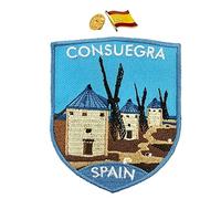 A-ONE Paquete de 2 piezas - Parche bordado de escudo Consuegra + Pin de solapa de la bandera de España, parche de molino de viento de España, parche de reparación de tela, insignia y broche NO. 299P