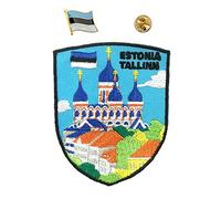 A-ONE Paquete de 2 piezas - Placa bordada de la ciudad de Tallinn + Pin de solapa de la bandera de Estonia, parche táctico, bordado de costura y hierro, parche patriótico NO.358P