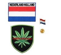 A-ONE Paquete de 3 parches de marihuana de Amsterdam + parche termoadhesivo de Holanda + pin de solapa de metal con bandera de Holanda, insignia bordada de viaje ciudad, pin de emblema