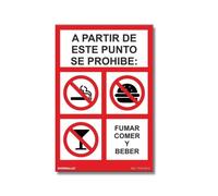 A partir de este punto se prohibe: fumar, comer y beber, cartel de prohibición SEKURECO