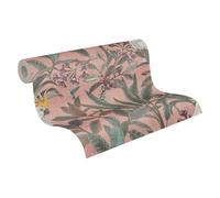 Papel de Pared Pintado Selva Con Kakadu Im Aspecto Retro - Rosa, Verde, Violeta