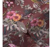 A.S. Création Papel pintado rojo oscuro con pájaros, flores rojas y verdes, dormitorio 381785, 10,05 x 0,53 m, fabricado en Alemania
