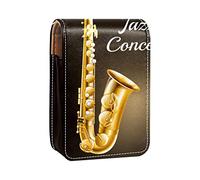 A Saxofón Jazz Concierto Brillo Labial Estuche Portátil Mini Lápiz Labial Caja de Almacenamiento de Lápiz Labial Organizador de Viaje con Espejo para Mujer, Varios colores, 9.5x2x7 cm/3.7x0.8x2.7 in
