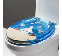 A, Serie Ocean Ocean de asiento de inodoro 3D Efectos con conchas reales y grava, asientos de resina redondo con bisagras de acero inoxidable silenciosamente cercanos, bisagras de liberación rápida,