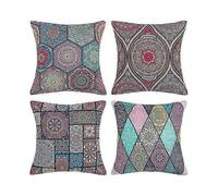 A Set of 4 Bohemian Style Square Pillow Covers in Modern Mandala Design 45cm x 45cm Made of Cotton and Linen Suitable for Sofas Beds Chairs and Cars