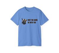 A Shirt Shop GymRat 008 May The Gains be with You | Camiseta unisex con temática de fitness, regalo para los amantes del fitness, camiseta de entrenamiento, Azul Carolina, Small