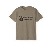A Shirt Shop GymRat 008 May The Gains be with You | Camiseta unisex con temática de fitness, regalo para los amantes del fitness, camiseta de entrenamiento, Polvo de Pradera, Large