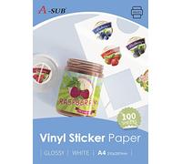 A-SUB Papel adhesivo de vinilo imprimible, resistente al agua, brillante, blanco, etiquetas de vinilo autoadhesivas para impresoras de inyección de tinta, tamaño A4, 100 hojas