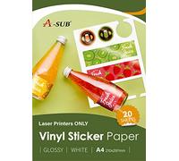 A-SUB Papel adhesivo de vinilo imprimible, resistente al agua, brillante, blanco, etiquetas de vinilo autoadhesivas para impresoras Láser, tamaño A4, 20 hojas