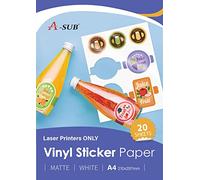 A-SUB Papel adhesivo de vinilo imprimible, resistente al agua, color blanco mate, etiquetas de vinilo autoadhesivas para impresoras Láser, tamaño A4, 20 hojas
