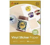 A-SUB Papel adhesivo de vinilo imprimible, resistente al agua, color blanco mate, etiquetas de vinilo autoadhesivas para impresoras de inyección de tinta, tamaño A4, 100 hojas