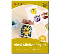 A-SUB Papel adhesivo de vinilo imprimible, resistente al agua, color blanco mate, etiquetas de vinilo autoadhesivas para impresoras de inyección de tinta, tamaño A4, 20 hojas