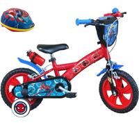A.T.L.A.S. Bicicleta de 12 Pulgadas Equipada con 2 Frenos, Placa Frontal Decorativa, Guardabarros, cárter, estabilizadores y Casco Spiderman Incluido Delantera, Niños, Rojo idéntico a Las Fotos, 12''
