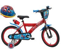 A.T.L.A.S. Bicicleta Infantil Marvel de 16 Pulgadas, Equipada con 2 Frenos, Placa Delantera Decorativa, bidón Trasero y Casco Spiderman Incluido ELO Niño, Rojo idéntico a Las Fotos
