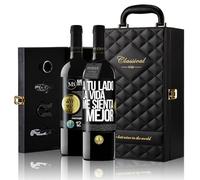 «A tu lado la vida me sienta mejor» Mensaje en una Botella. Estuche-Maletín de LUJO 2x Vino Tinto Premium Reserva 12 Meses y Set de 4 Accesorios. Etiqueta Negra PERSONALIZABLE