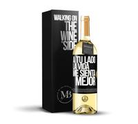 «A tu lado la vida me sienta mejor» Mensaje en una Botella. Vino Blanco Premium Verdejo Joven + Gift Box. Etiqueta Negra PERSONALIZABLE
