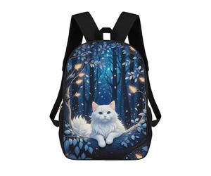 A Whimsical Illustration. Fluffy White Cat Nestled on A Dark Blue Tree Adorned with Intric Mochila Escolar, De Negocios, Para Portátil, Unisex, Informal, Para Niñas, Niños Y Adolescentes 17inch