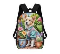 A Whimsical Watercolor Sketch of A Playful Dog in Gardeners Clothes Planting A Flower in A Mochilas Infantiles Impresas En 3D De 17 Pulgadas. Mochila Escolar Informal Impresa En 3D Para Niños De Prima