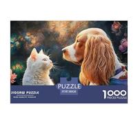 A White Kitty and A Brown Spaniel Dog with 1000 Pcs Stabiler Karton Puzzle Kitten Lebendige Bilder Kreatives Spiel Puzzles Als Wohnaccessoires 38x26cm/1000pcs