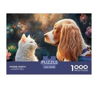 A White Kitty and A Brown Spaniel Dog with 1000 Stück Premium-Karton Puzzle Kitten Lebendige Bilder Familienspiel Puzzles Als Wohnaccessoires 52x38cm/1000pcs