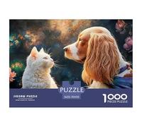A White Kitty and A Brown Spaniel Dog with 1000 Stück Stabiler Karton Puzzle Kitten Lebendige Bilder Kreatives Spiel Puzzles Für Erwachsene Und Kinder 70x50cm/1000pcs