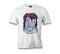 A Wolf Family in Front of a Red Moon Scene Men's White TTshirts Camisetas y Tops(XX-Large)