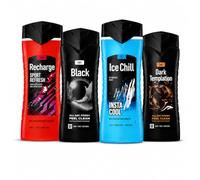 A-X-E Pack Gel Baño hombre XL (4 x 400 ml) 3en1 Fragancias variadas. Dark Templation, Ice Chill, Black y Recharge Sport. Para: Cara Cuerpo y cabello.