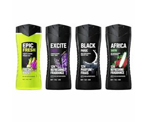 A-X-E Pack Gel Ducha hombre (4 x 250 ml) 3en1 Fragancias variadas. Epic Fresh, Excite, Africa y Black
