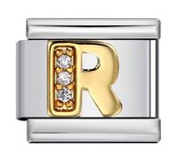 A-Z - Abalorio de pulsera de acero inoxidable con letra inicial de cristal blanco y oro personalizable para cumpleaños, plata italiana de 9 mm, compatible con nomination, 9mm, Metal, No es una piedra