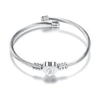 A-Z Silver Love Heart Initial Letter Alphabet Name Cuff Bracelet Open Bangle Adjustable Jewellery Gift For Daughter Sisters Friends Mum Birthday Compatible With Pandora Clip Charm
