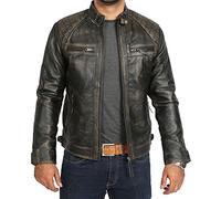 A1 FASHION GOODS Chaqueta de motociclista de cuero real para hombre con cremallera y cierre de cremallera vintage negro frotar off Burgundy Cognac Zander, Frotar Negro, XL