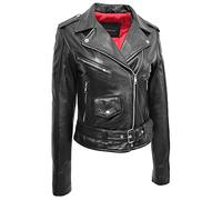 A1 FASHION GOODS Chaqueta de motociclista de piel suave auténtica para mujer, ajuste delgado, cinturón Brando negro y rojo Jessie, Negro, 36